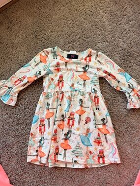 Girls White Nutcracker Ballerina Print Long Sleeve Dress